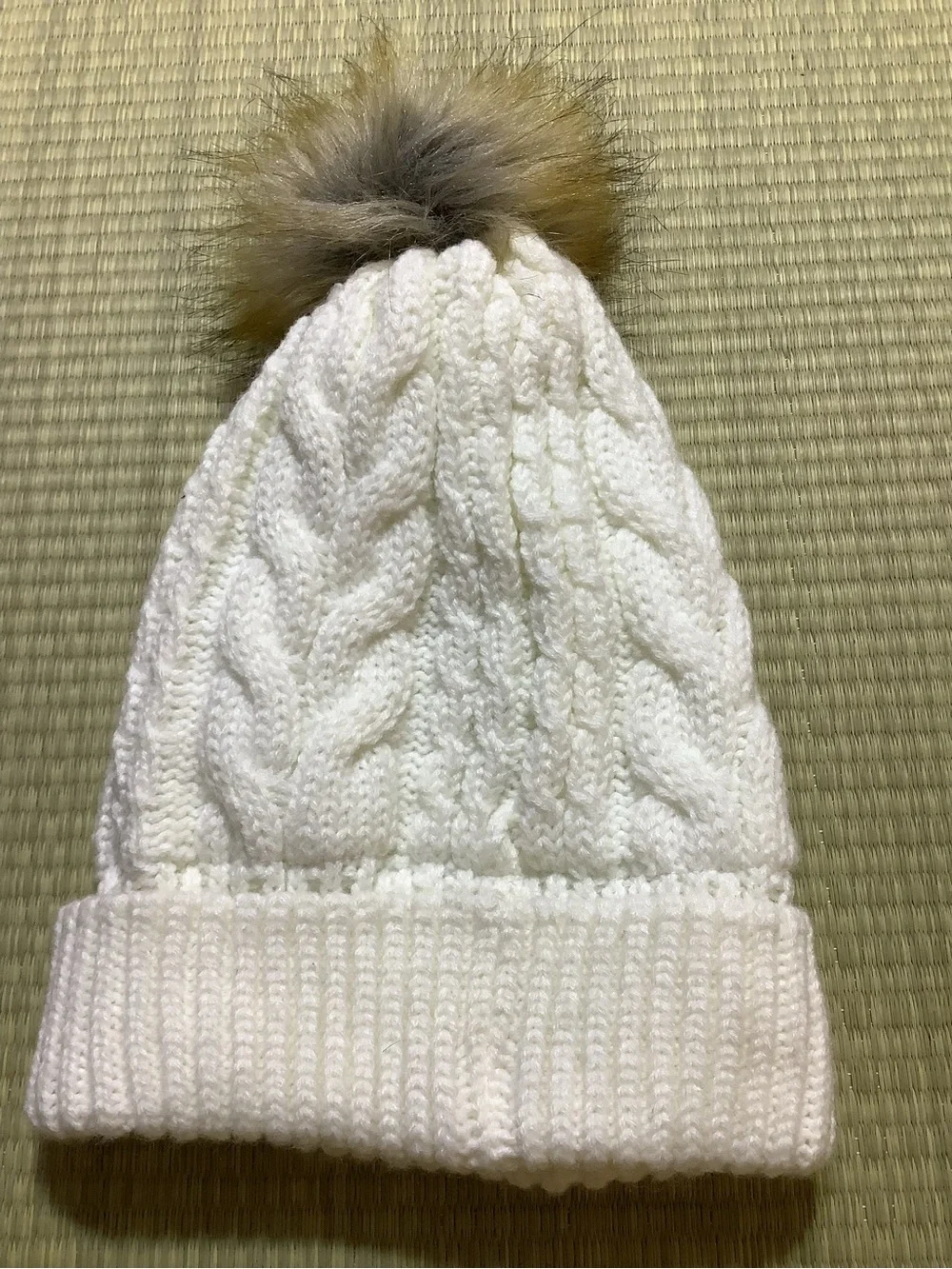 White Cable Knit Beanie with Pom - Glacier National Park Patch